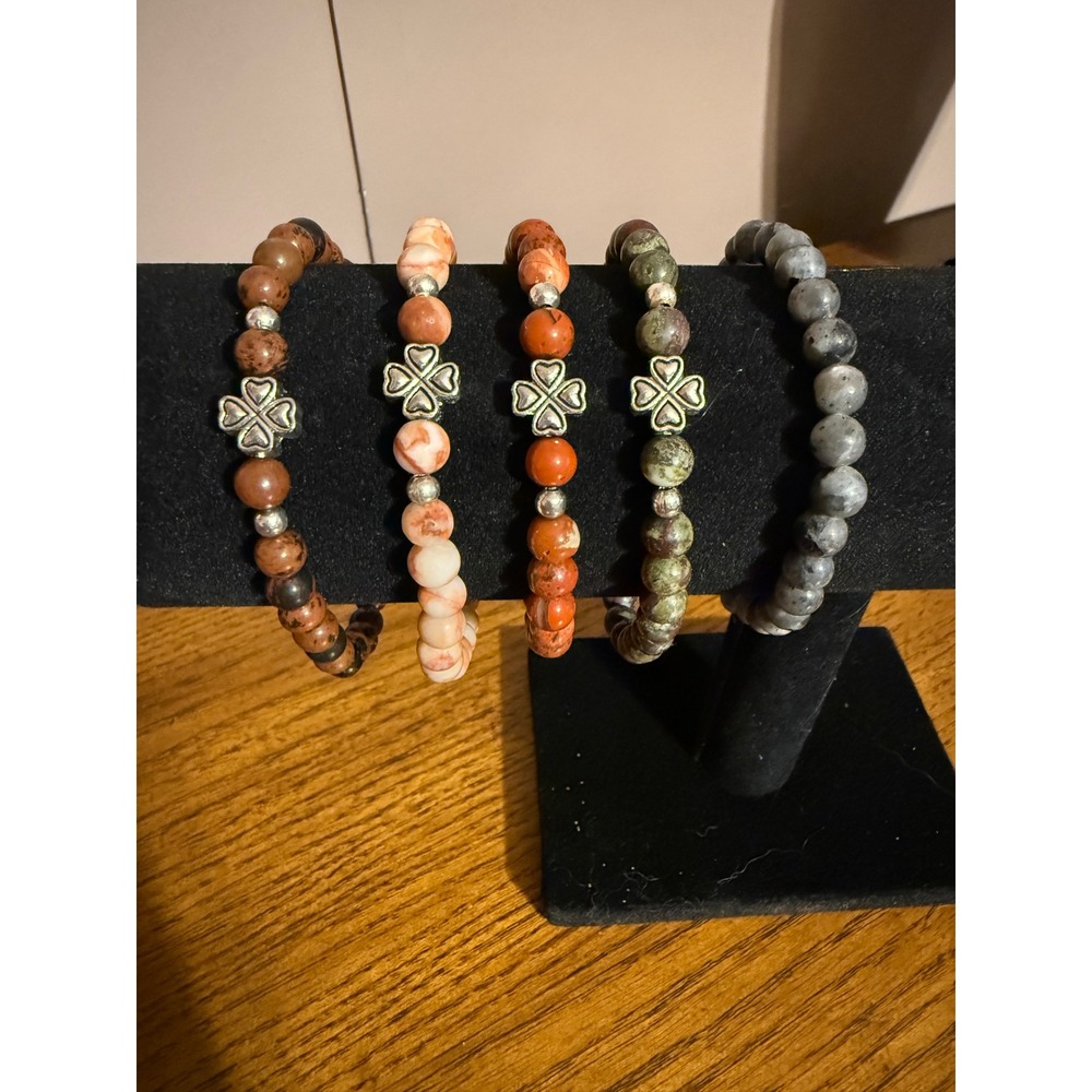 5pc Natural Stone Beaded Stretch Bracelet Set Four Leaf Clover Charms Boho Lucky